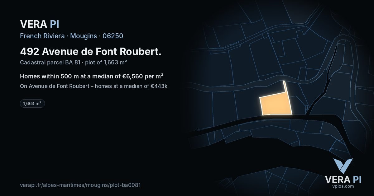 492 Avenue de Font Roubert, Mougins at night – the plot lit, the parcels around coloured by the prices near them