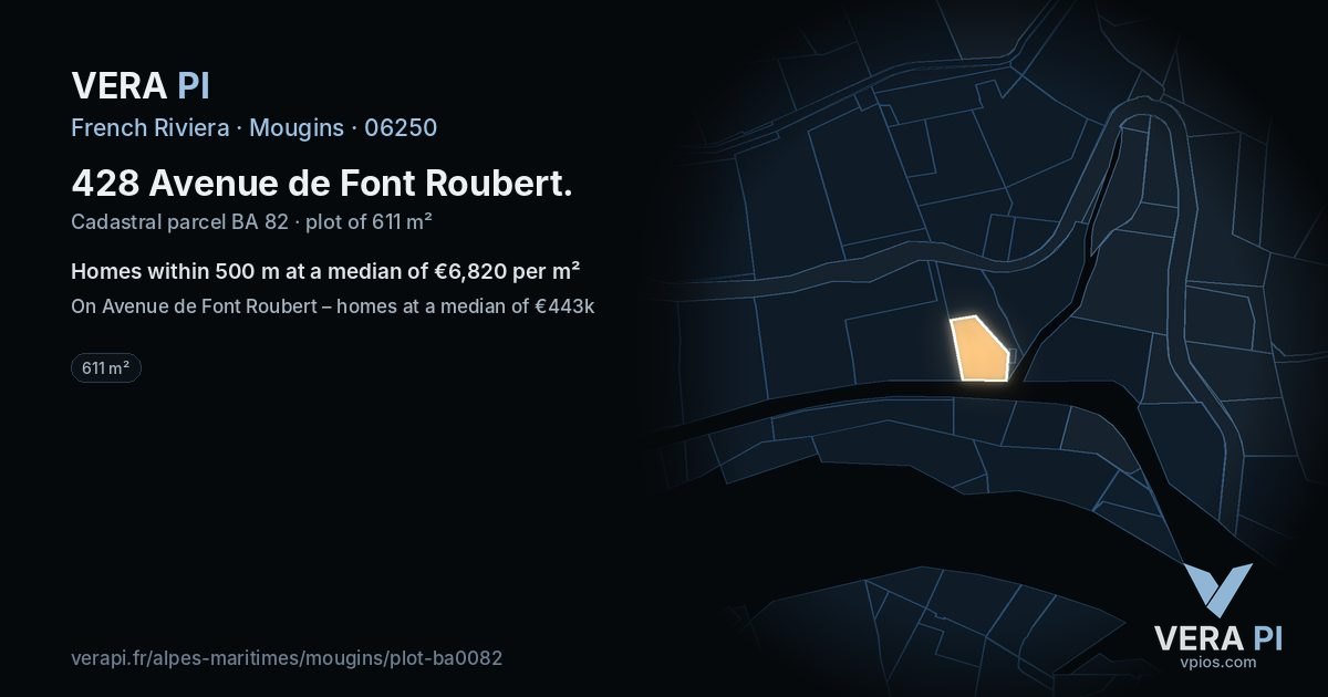 428 Avenue de Font Roubert, Mougins at night – the plot lit, the parcels around coloured by the prices near them