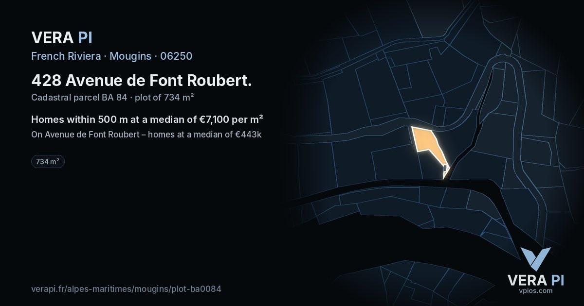 428 Avenue de Font Roubert, Mougins at night – the plot lit, the parcels around coloured by the prices near them