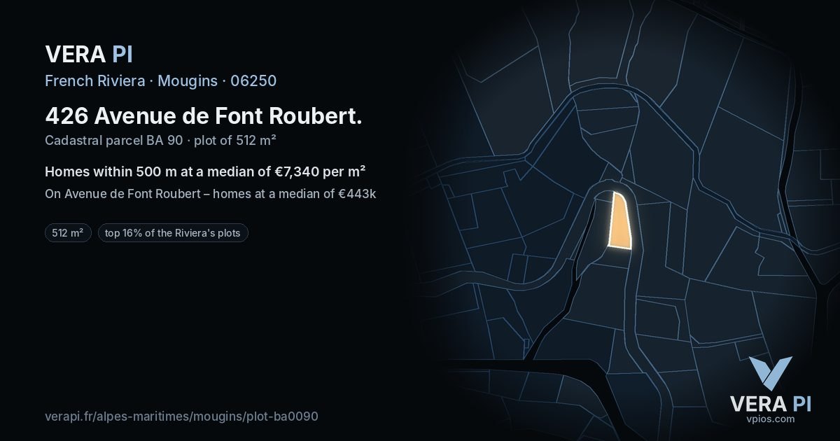 426 Avenue de Font Roubert, Mougins at night – the plot lit, the parcels around coloured by the prices near them