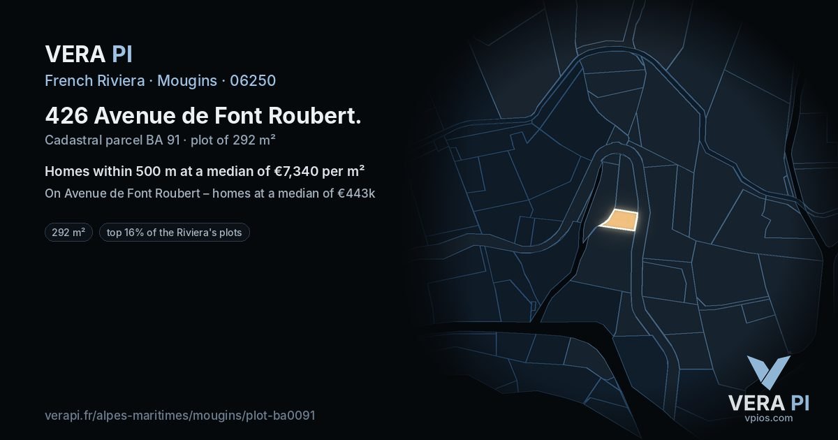 426 Avenue de Font Roubert, Mougins at night – the plot lit, the parcels around coloured by the prices near them