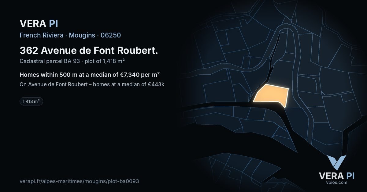 362 Avenue de Font Roubert, Mougins at night – the plot lit, the parcels around coloured by the prices near them