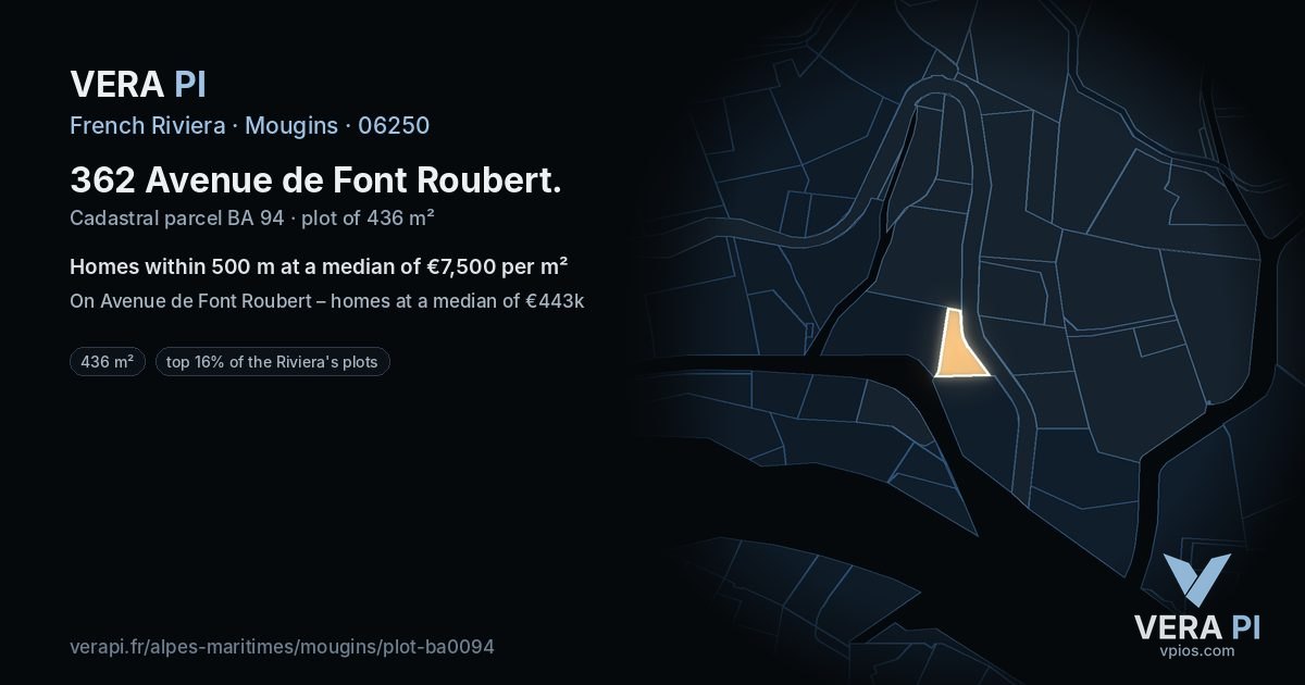 362 Avenue de Font Roubert, Mougins at night – the plot lit, the parcels around coloured by the prices near them
