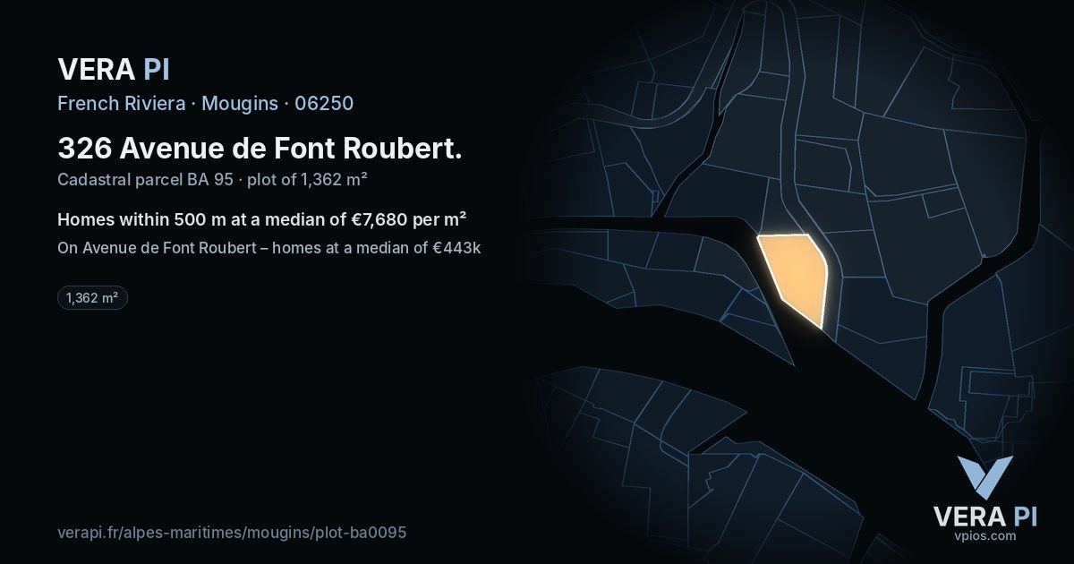 326 Avenue de Font Roubert, Mougins at night – the plot lit, the parcels around coloured by the prices near them