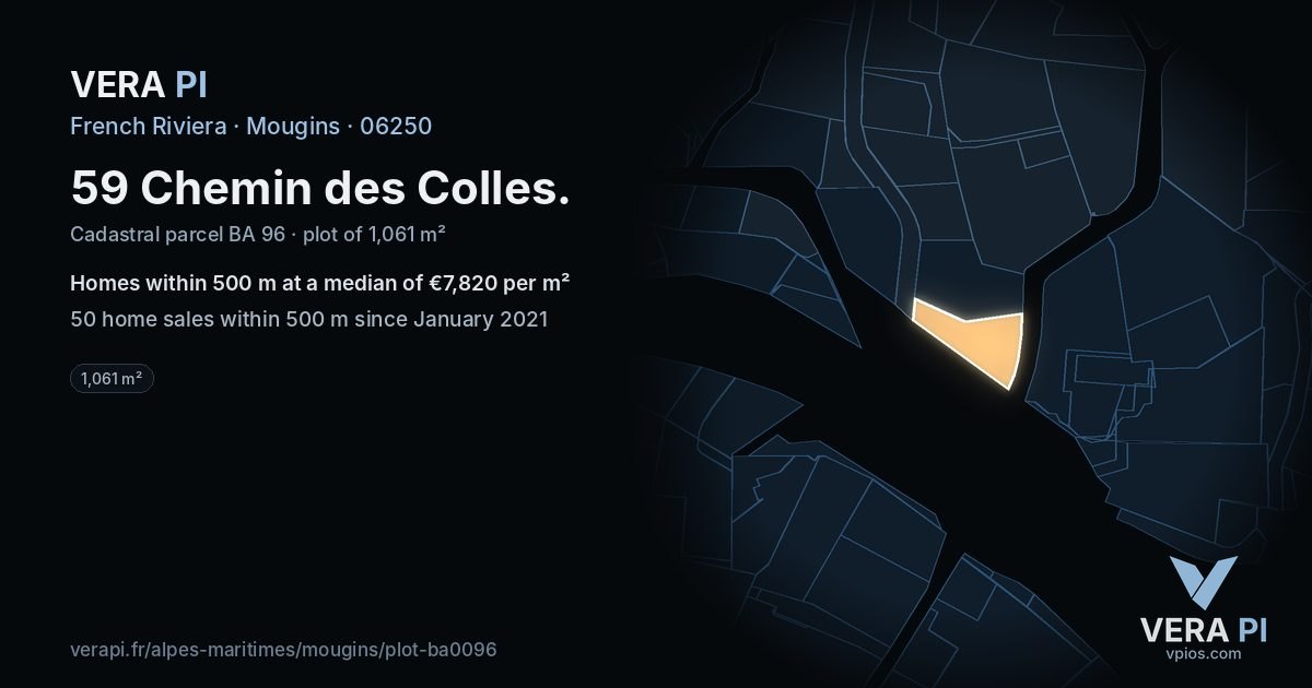 59 Chemin des Colles, Mougins at night – the plot lit, the parcels around coloured by the prices near them