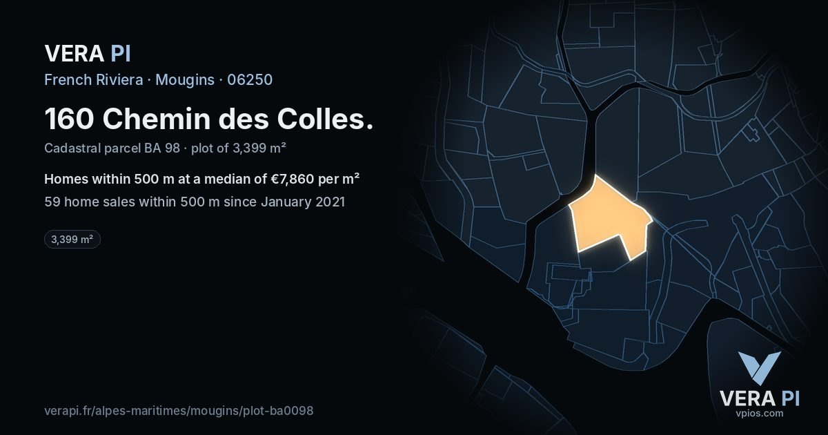 160 Chemin des Colles, Mougins at night – the plot lit, the parcels around coloured by the prices near them