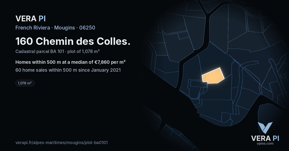 160 Chemin des Colles, Mougins at night – the plot lit, the parcels around coloured by the prices near them