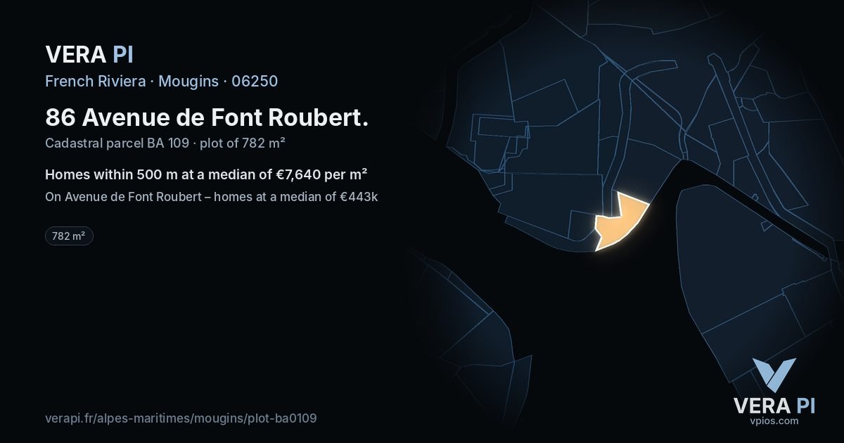 86 Avenue de Font Roubert, Mougins at night – the plot lit, the parcels around coloured by the prices near them