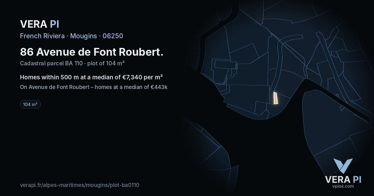 86 Avenue de Font Roubert, Mougins at night – the plot lit, the parcels around coloured by the prices near them