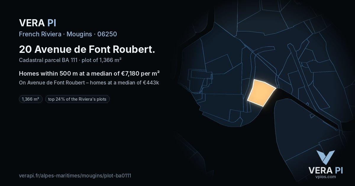 20 Avenue de Font Roubert, Mougins at night – the plot lit, the parcels around coloured by the prices near them