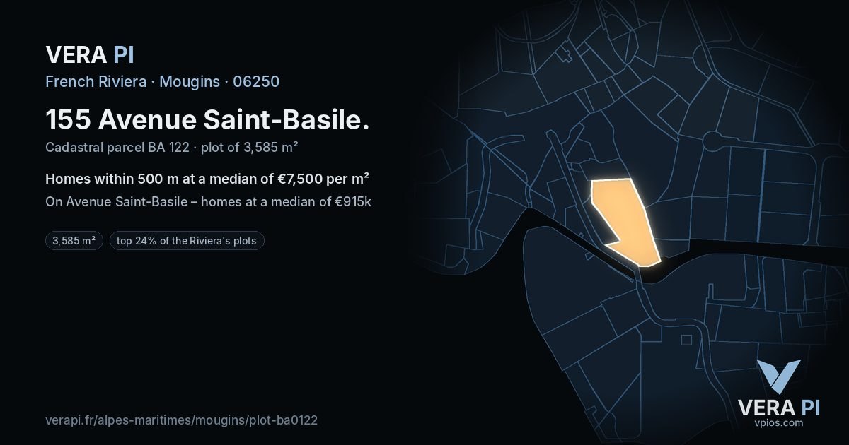 155 Avenue Saint-Basile, Mougins at night – the plot lit, the parcels around coloured by the prices near them