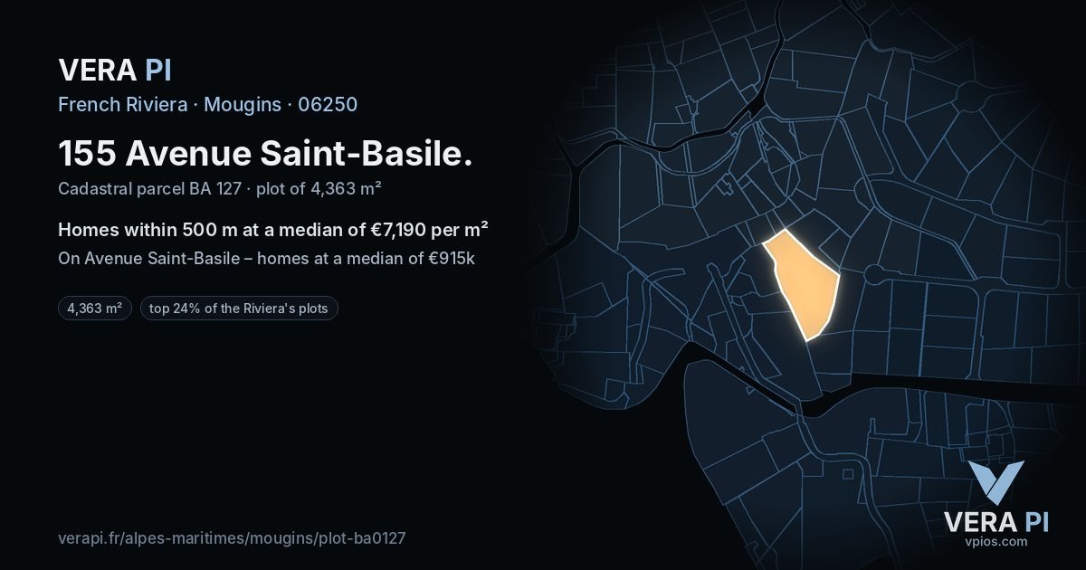 155 Avenue Saint-Basile, Mougins at night – the plot lit, the parcels around coloured by the prices near them