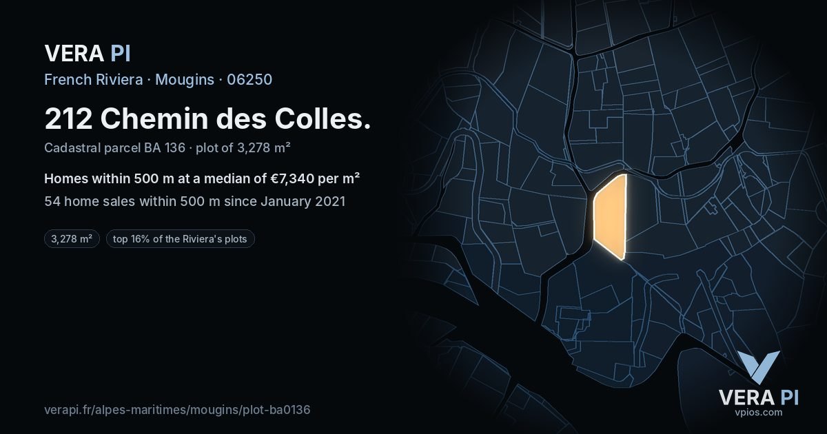 212 Chemin des Colles, Mougins at night – the plot lit, the parcels around coloured by the prices near them