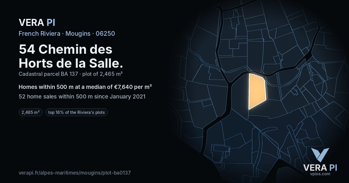 54 Chemin des Horts de la Salle, Mougins at night – the plot lit, the parcels around coloured by the prices near them