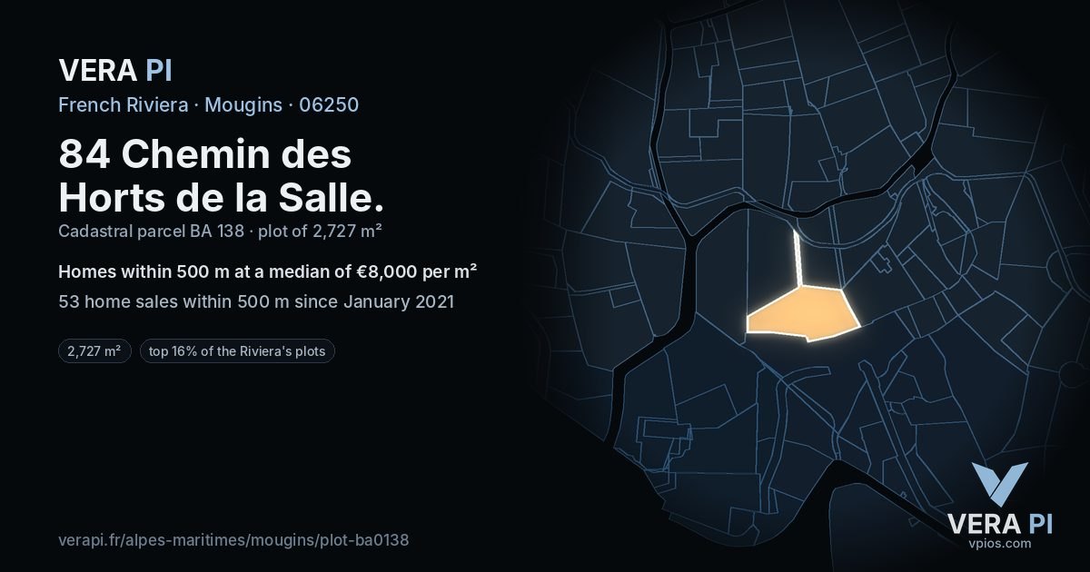 84 Chemin des Horts de la Salle, Mougins at night – the plot lit, the parcels around coloured by the prices near them