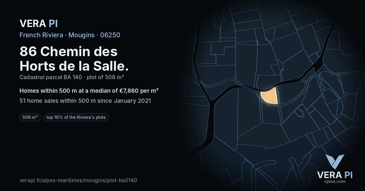 86 Chemin des Horts de la Salle, Mougins at night – the plot lit, the parcels around coloured by the prices near them