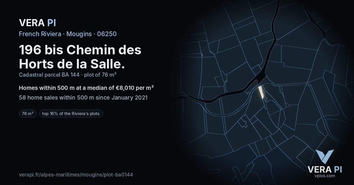 196 bis Chemin des Horts de la Salle, Mougins at night – the plot lit, the parcels around coloured by the prices near them