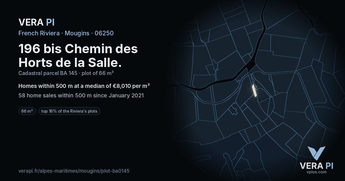 196 bis Chemin des Horts de la Salle, Mougins at night – the plot lit, the parcels around coloured by the prices near them