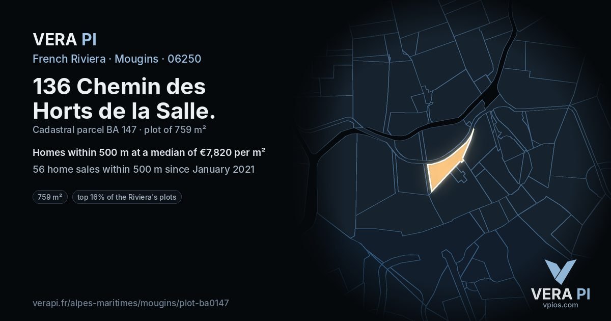 136 Chemin des Horts de la Salle, Mougins at night – the plot lit, the parcels around coloured by the prices near them