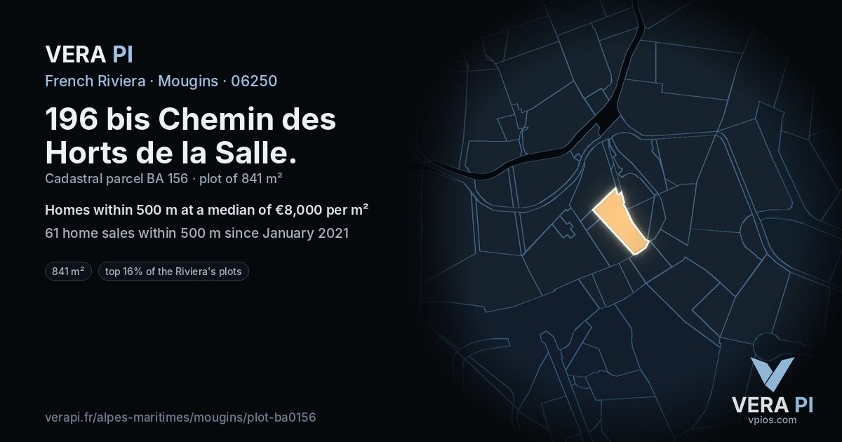 196 bis Chemin des Horts de la Salle, Mougins at night – the plot lit, the parcels around coloured by the prices near them