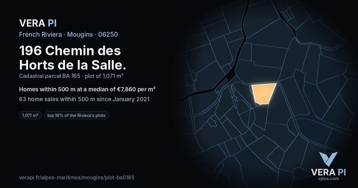 196 Chemin des Horts de la Salle, Mougins at night – the plot lit, the parcels around coloured by the prices near them