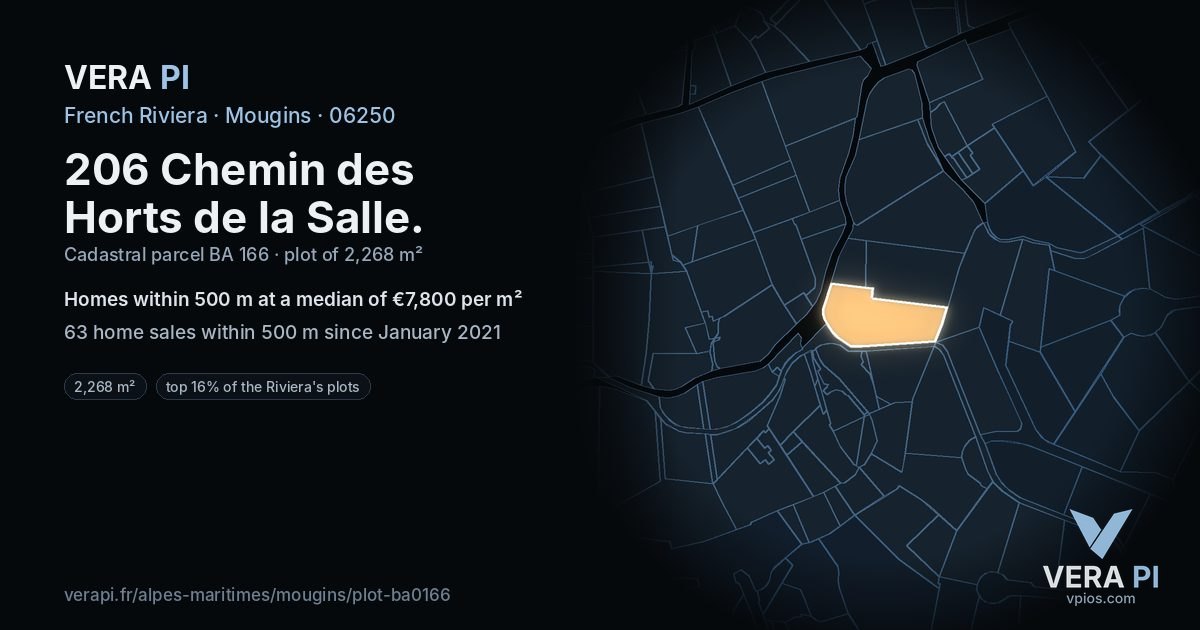 206 Chemin des Horts de la Salle, Mougins at night – the plot lit, the parcels around coloured by the prices near them
