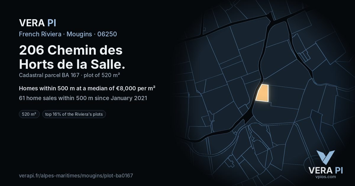 206 Chemin des Horts de la Salle, Mougins at night – the plot lit, the parcels around coloured by the prices near them