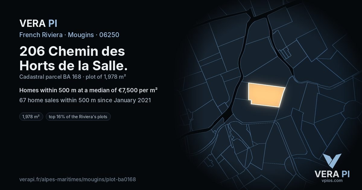 206 Chemin des Horts de la Salle, Mougins at night – the plot lit, the parcels around coloured by the prices near them