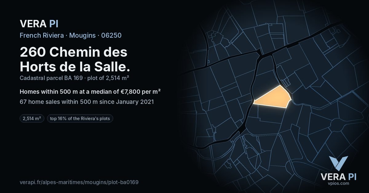 260 Chemin des Horts de la Salle, Mougins at night – the plot lit, the parcels around coloured by the prices near them