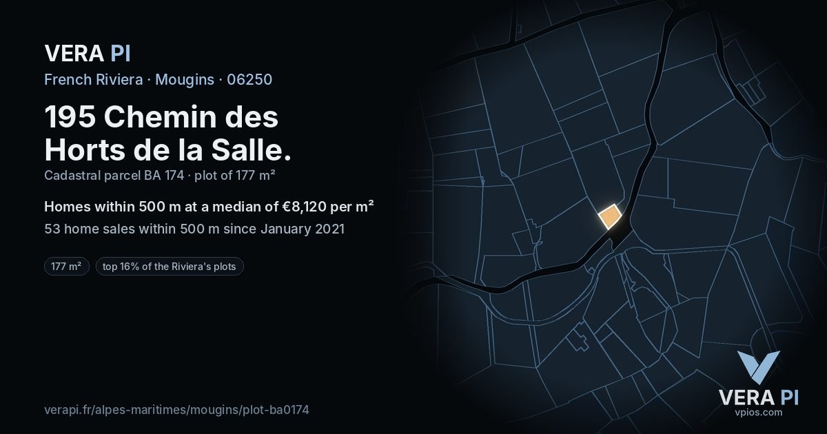 195 Chemin des Horts de la Salle, Mougins at night – the plot lit, the parcels around coloured by the prices near them