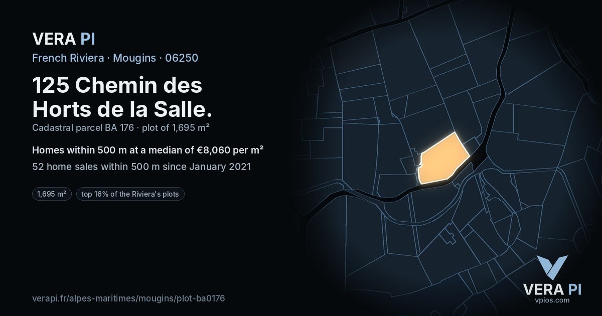 125 Chemin des Horts de la Salle, Mougins at night – the plot lit, the parcels around coloured by the prices near them