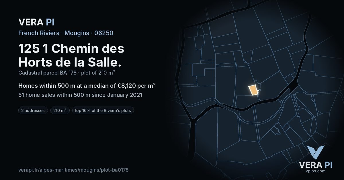 125 1 Chemin des Horts de la Salle, Mougins at night – the plot lit, the parcels around coloured by the prices near them