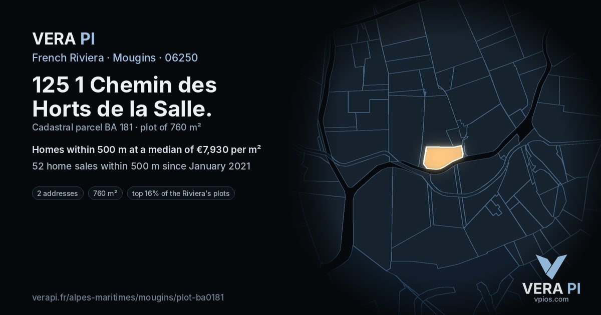 125 1 Chemin des Horts de la Salle, Mougins at night – the plot lit, the parcels around coloured by the prices near them