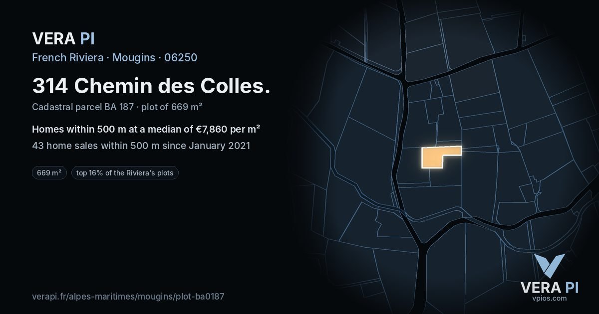 314 Chemin des Colles, Mougins at night – the plot lit, the parcels around coloured by the prices near them