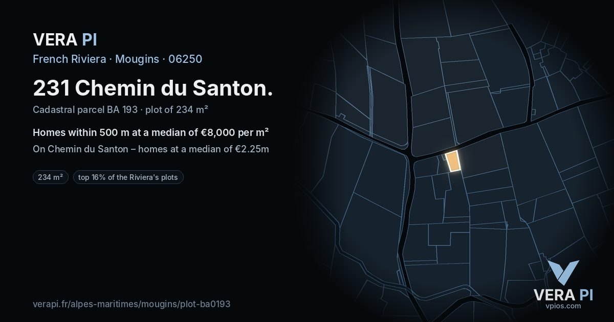 231 Chemin du Santon, Mougins at night – the plot lit, the parcels around coloured by the prices near them