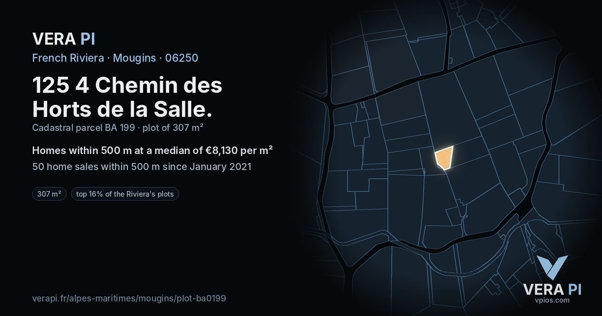 125 4 Chemin des Horts de la Salle, Mougins at night – the plot lit, the parcels around coloured by the prices near them
