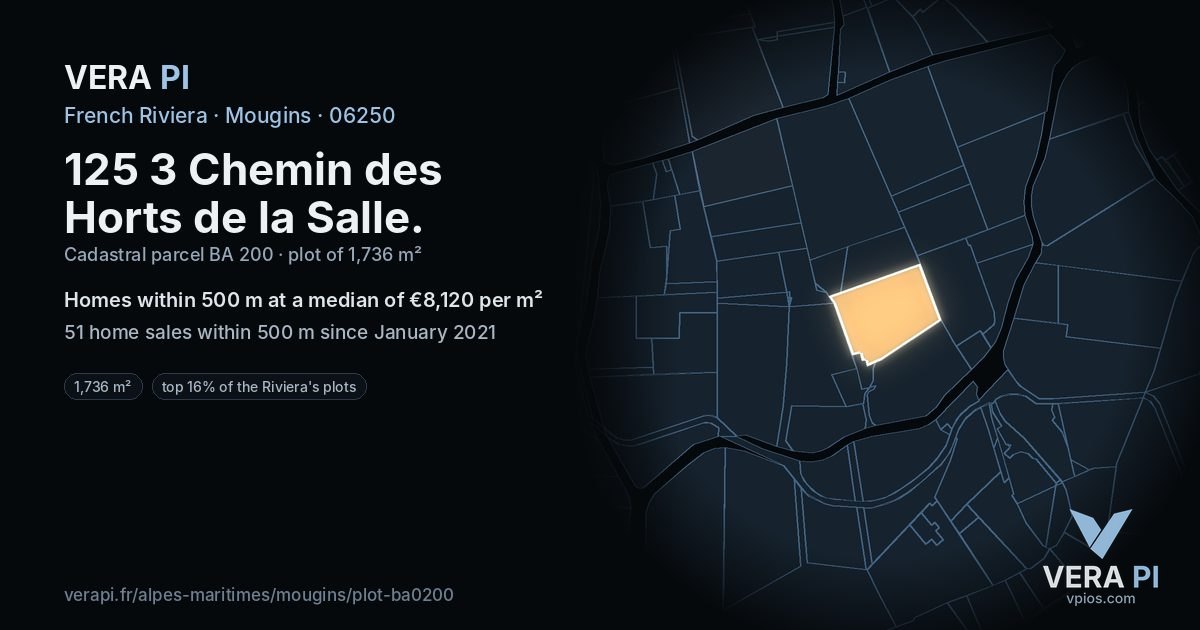 125 3 Chemin des Horts de la Salle, Mougins at night – the plot lit, the parcels around coloured by the prices near them