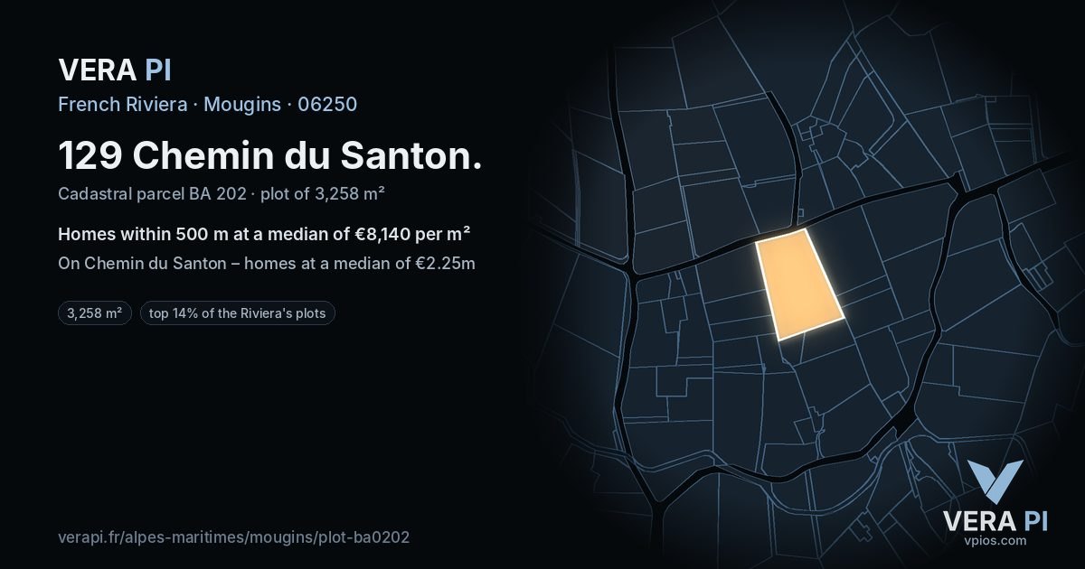 129 Chemin du Santon, Mougins at night – the plot lit, the parcels around coloured by the prices near them