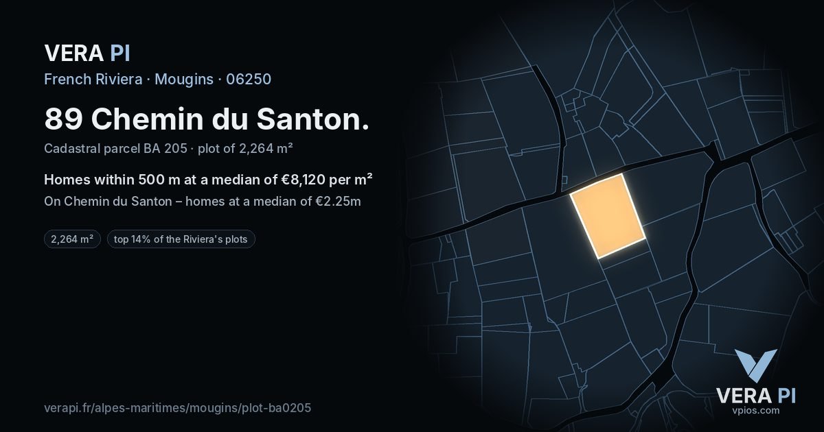 89 Chemin du Santon, Mougins at night – the plot lit, the parcels around coloured by the prices near them
