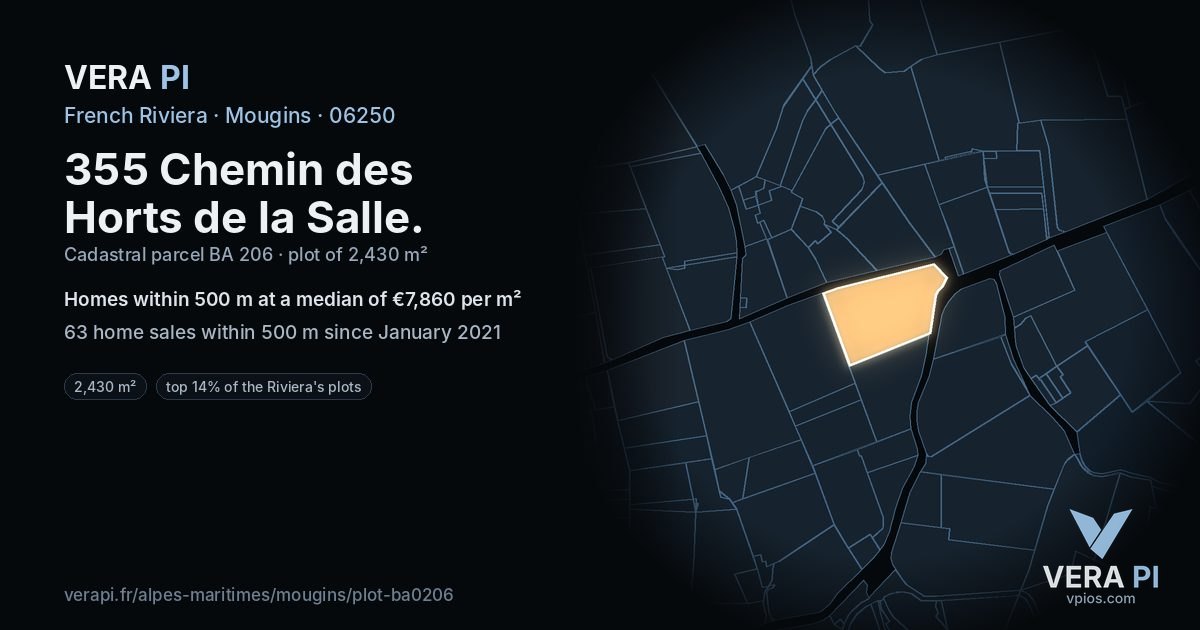 355 Chemin des Horts de la Salle, Mougins at night – the plot lit, the parcels around coloured by the prices near them