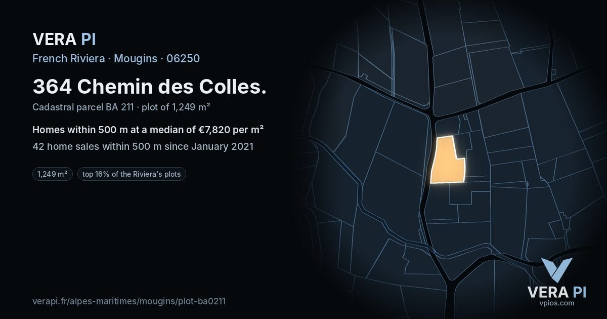 364 Chemin des Colles, Mougins at night – the plot lit, the parcels around coloured by the prices near them