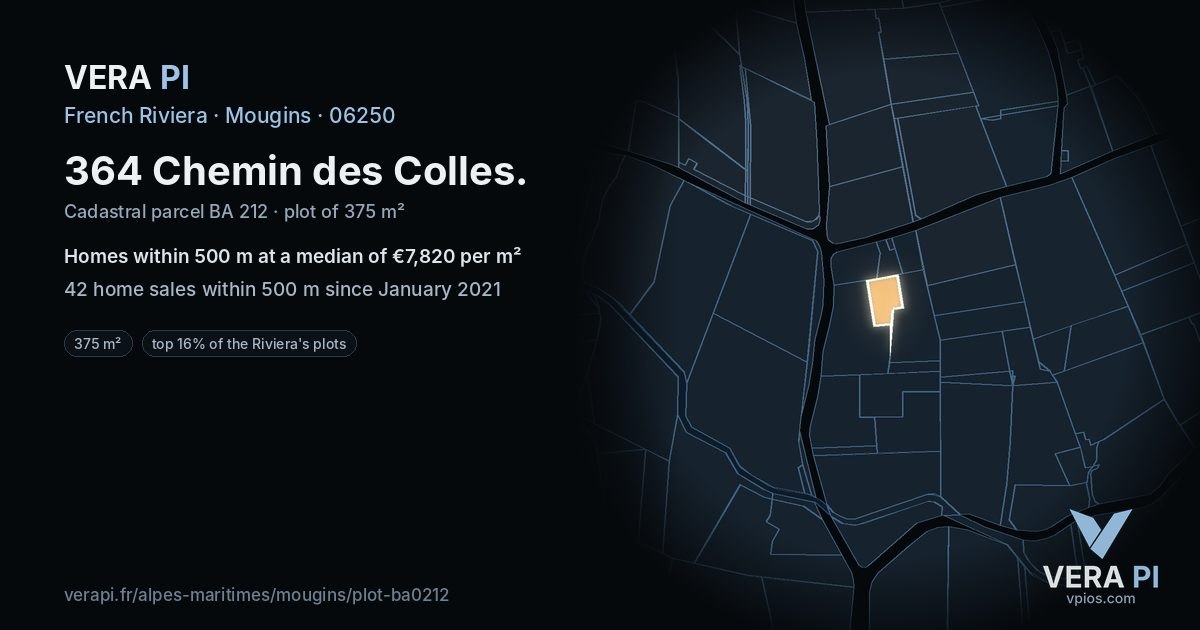 364 Chemin des Colles, Mougins at night – the plot lit, the parcels around coloured by the prices near them