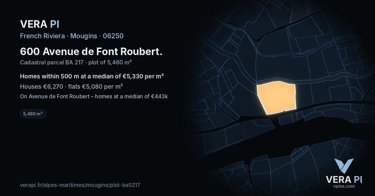 600 Avenue de Font Roubert, Mougins at night – the plot lit, the parcels around coloured by the prices near them