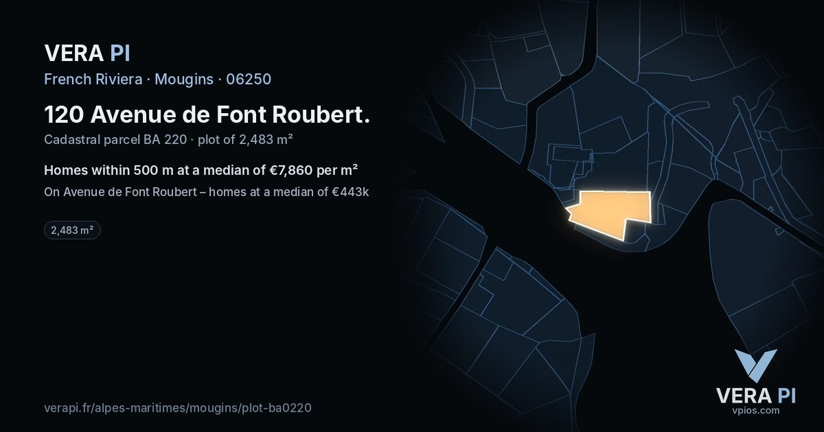 120 Avenue de Font Roubert, Mougins at night – the plot lit, the parcels around coloured by the prices near them