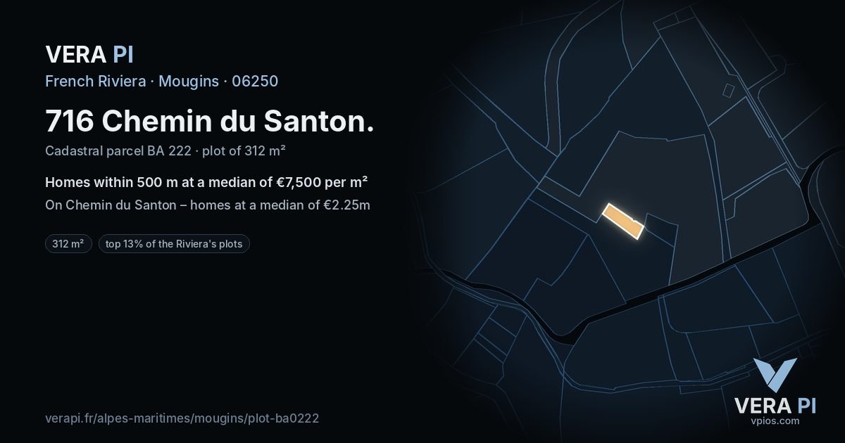 716 Chemin du Santon, Mougins at night – the plot lit, the parcels around coloured by the prices near them