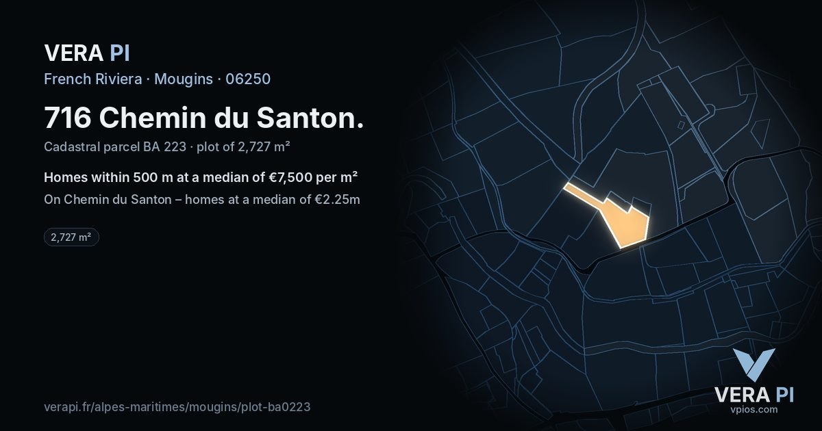 716 Chemin du Santon, Mougins at night – the plot lit, the parcels around coloured by the prices near them