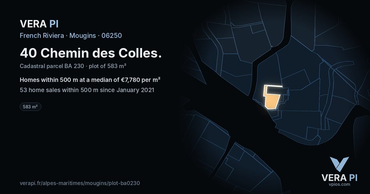 40 Chemin des Colles, Mougins at night – the plot lit, the parcels around coloured by the prices near them