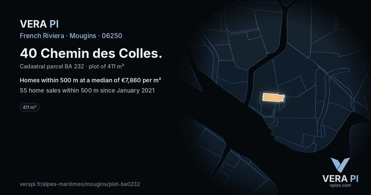 40 Chemin des Colles, Mougins at night – the plot lit, the parcels around coloured by the prices near them
