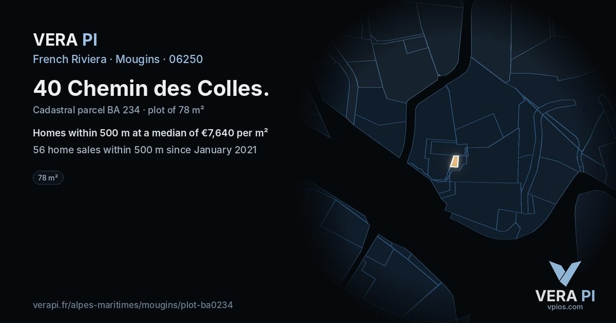 40 Chemin des Colles, Mougins at night – the plot lit, the parcels around coloured by the prices near them