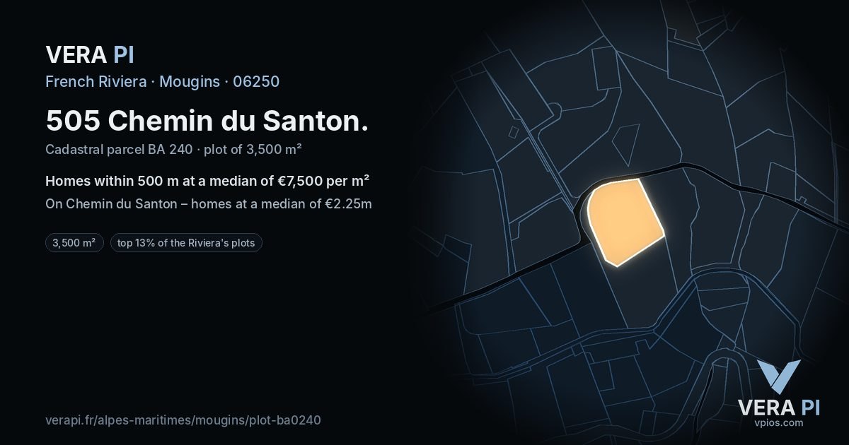 505 Chemin du Santon, Mougins at night – the plot lit, the parcels around coloured by the prices near them